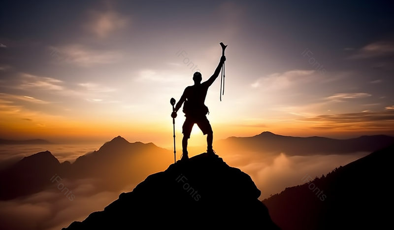 紫色落日天空青年男子攀登山顶庆祝动作剪影拍摄,高清,摄影图,摄影图片,图片大全,摄影图免费下载